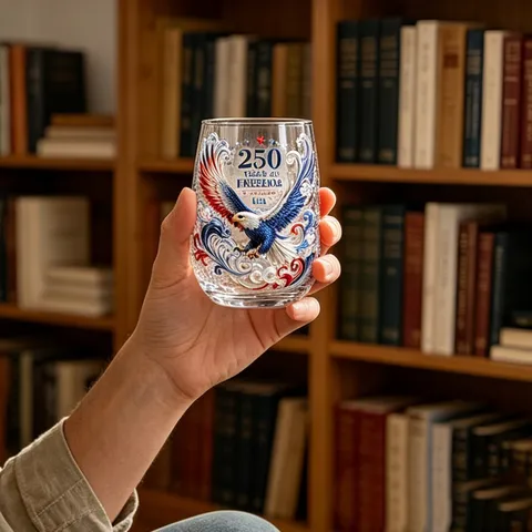 US 250. Jahrestag Weißkopfseeadler Stielloses Weinglas Unabhängigkeitstag Gedenk Whiskyglas Goldrand Glas