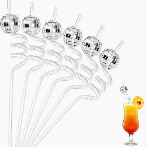 Disco Ball Drinking Straws Plastic Spiral Clear Straws With Mirror Ball For Party Bar Christmas Decorations