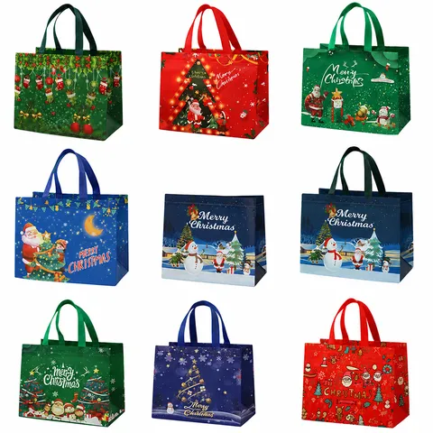 Sac de Shopping en Tissu Non Tissé Laminé Cadeau de Noël Sac à Main Sac de Rangement de Fête Festive Cabas avec Imprimé de Noël