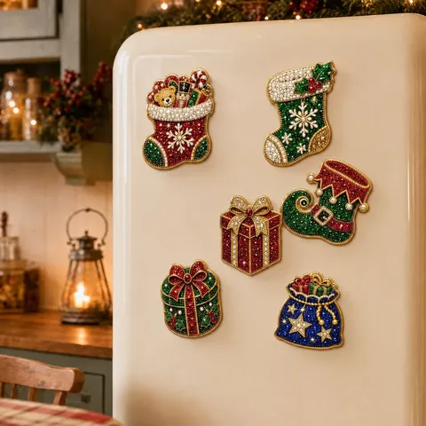 Imán de Nevera de Navidad DIY Pintura de Diamante Resina Strass Perla Artificial Imán de Refrigerador Decoración Navideña