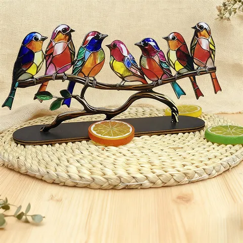 Acrylic Bird Ornament Stained Glass Style Bird on Branch Tabletop Decor Colorful Bird Sculpture Home Office Decor Gift