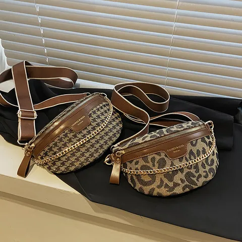 Damen Mode Canvas Brusttasche Vintage Hahnentritt Leopardenmuster Umhängetasche Verstellbarer Breiter Gurt Lässige Handtasche