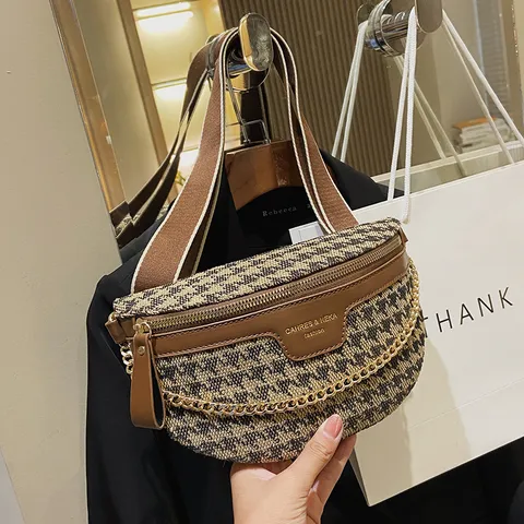 Damen Mode Canvas Brusttasche Vintage Hahnentritt Leopardenmuster Umhängetasche Verstellbarer Breiter Gurt Lässige Handtasche