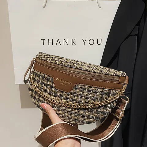Femme Mode Léopard Pied-de-Poule Sac de Poitrine Vintage Cuir PU Bandoulière Sac Banane Casual Chaîne Sac d'Épaule Avec Large Sangle