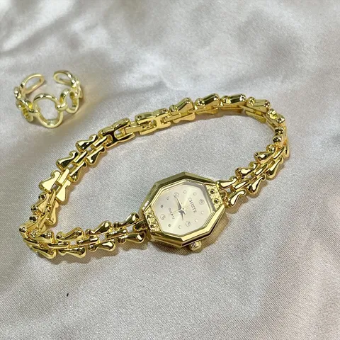 Women Quartz Watch Vintage Octagonal Dial Metal Bone Chain Strap Fashion Wristwatch Elegant Casual Timepiece Jewelry