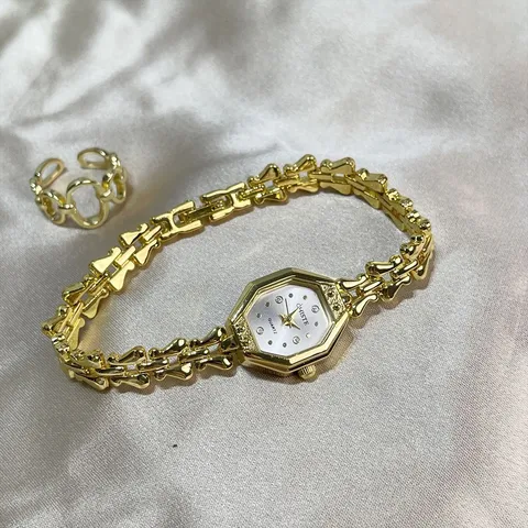 Women Quartz Watch Vintage Octagonal Dial Metal Bone Chain Strap Fashion Wristwatch Elegant Casual Timepiece Jewelry