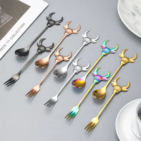 Creative Stainless Steel Bull Head Spoon And Fork Cute Cartoon Tableware Long Handle Coffee Dessert Fruit Utensil