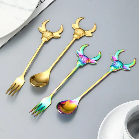 Creative Stainless Steel Bull Head Spoon And Fork Cute Cartoon Tableware Long Handle Coffee Dessert Fruit Utensil