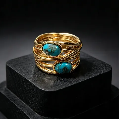Anillo de Cobre Envuelto en Alambre Dorado Estilo Francés Vintage Con Circonia Turquesa Ovalada Anillo Geométrico para Mujer