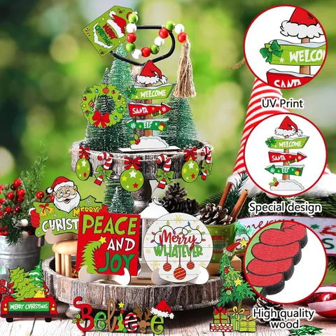 Wooden Christmas Tiered Tray Decor Set Santa Claus Truck Sign Wood Ornaments Holiday Table Centerpiece Home Decor