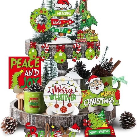 Wooden Christmas Tiered Tray Decor Set Santa Claus Truck Sign Wood Ornaments Holiday Table Centerpiece Home Decor
