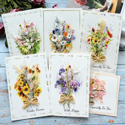 Biglietto d'Auguri Creativo con Fiori Secchi Stile Pastorale Fatto a Mano Biglietto di Benedizione Con Busta per Festa degli Insegnanti Compleanno