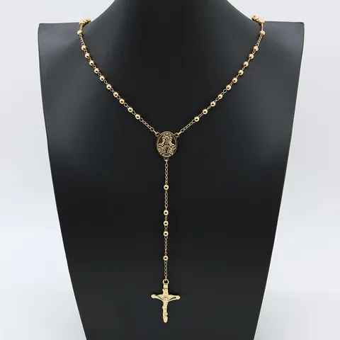 Unisex Stainless Steel Rosary Bead Chain Necklace Cross Pendant Sweater Chain Fashion Jewelry Gift