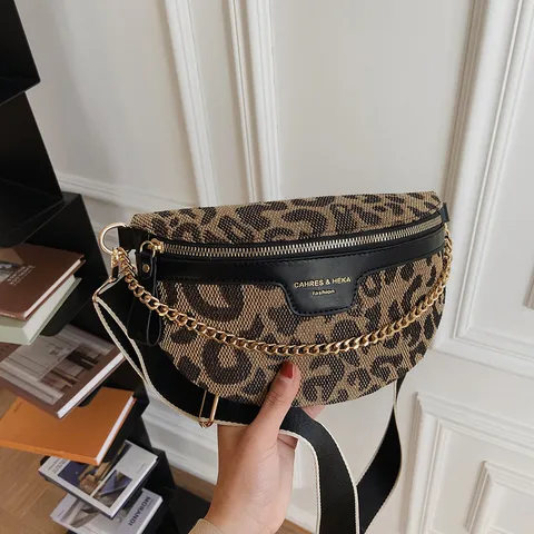 Mujer Moda Leopardo Pie de Gallo Bolso de Pecho Vintage Cuero PU Bandonera Riñonera Casual Cadena Bolso de Hombro Con Correa Ancha
