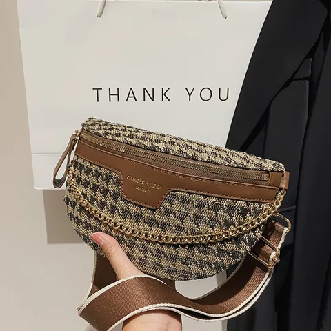 Mujer Moda Leopardo Pie de Gallo Bolso de Pecho Vintage Cuero PU Bandonera Riñonera Casual Cadena Bolso de Hombro Con Correa Ancha