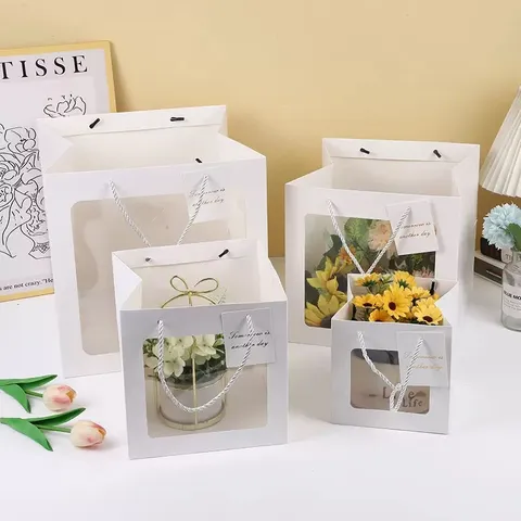 Square Gift Bag Clear Window White Cardboard Tote Bag Minimalist Cake Packaging Bag For Party Holiday Gift Giving