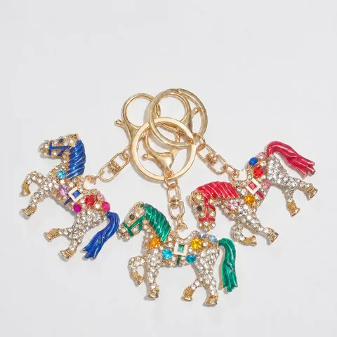 Alloy Full Rhinestone Horse Car Keychain Metal Zodiac Animal Bag Pendant Fashion Cute Key Ring Gift