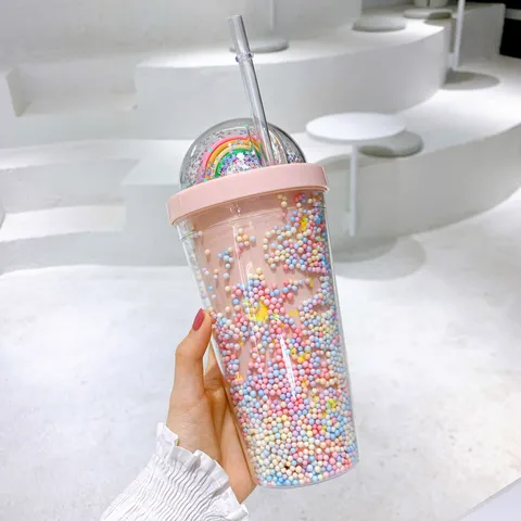 Draagbare Dubbellaagse Plastic Rietjesbeker Met Ster Pailletten En Regenboog Koepel Schattig Drinkgerei Voor Dagelijks Gebruik
