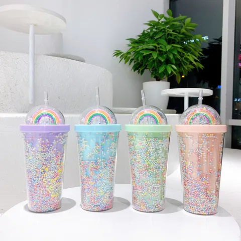Draagbare Dubbellaagse Plastic Rietjesbeker Met Ster Pailletten En Regenboog Koepel Schattig Drinkgerei Voor Dagelijks Gebruik