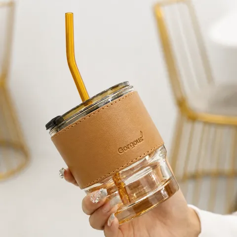 Heat Resistant Glass Coffee Cup Portable Tumbler With Straw And Leather Sleeve Sealed Lid Office Home Drinkware