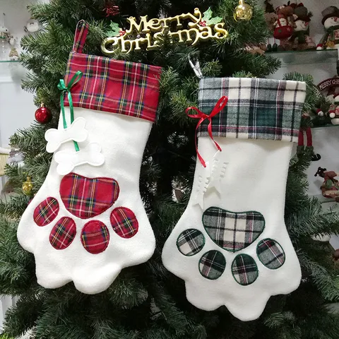 Christmas Stocking Gift Bag Pet Dog Paw Pendant Christmas Tree Hanging Decoration Candy Storage Bag Holiday Party Supplies
