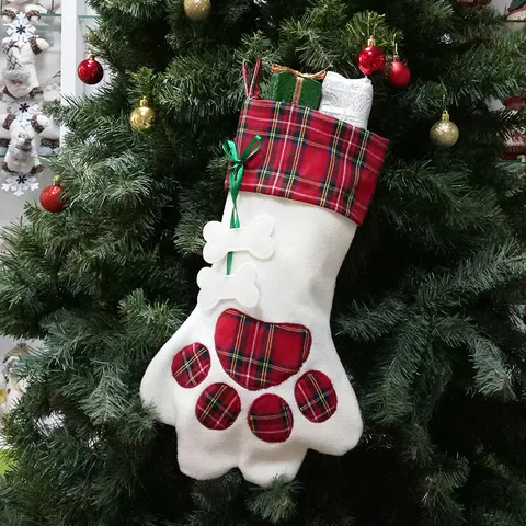 Christmas Stocking Gift Bag Pet Dog Paw Pendant Christmas Tree Hanging Decoration Candy Storage Bag Holiday Party Supplies