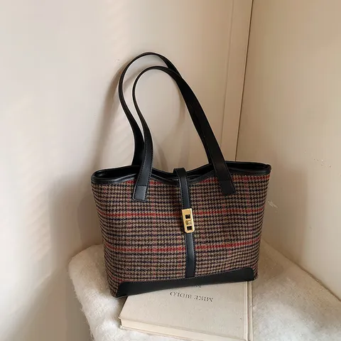 Borsa Tote di Grande Capacità da Donna Quadri Colorblock Pelle PU Tweed Patchwork Borsa a Tracolla Casual Quotidiana Borsa a Mano