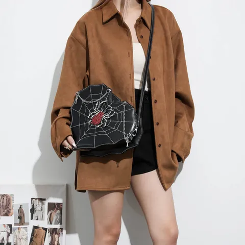 Gothic Heart Shaped PU Leather Spider Web Crossbody Bag With Chain For Women Casual Daily Shoulder Bag