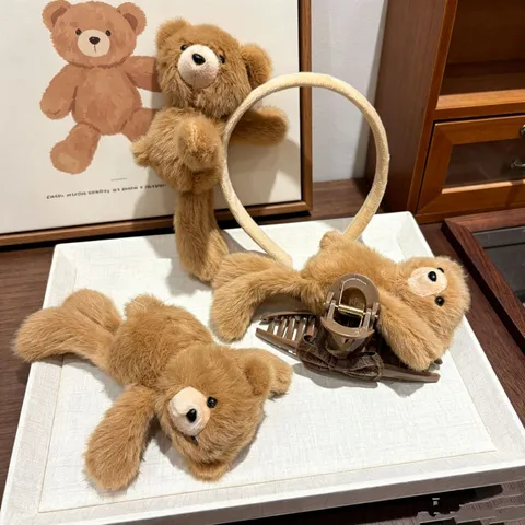 Kawaii Plüsch Bär Schleife Haarkralle Für Damen Süßes Teddybär Stirnband Süß Cartoon BB Haarspange Weiches Kunstpelz Haarschmuck