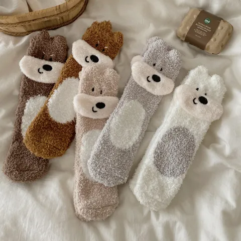 Dames Cartoon Hond Driedimensionaal Oor Koraalvlies Sokken Verdikte Warme Winter Slaap Vloer Sokken Halflange Buis Pluizige Huissokken