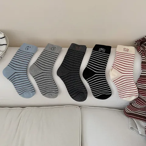Women's Korean Style Embroidered Puppy Cotton Crew Socks Casual Striped Ribbed Middle Tube Socks Soft Breathable College Hosiery