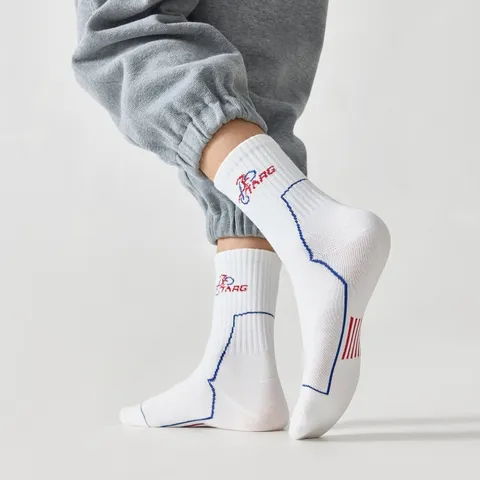 Men Mid-Calf Sports Socks Cotton Breathable Athletic Crew Socks With Racing Number Pattern Ribbed Cuffs Casual Daily Outdoor Socks