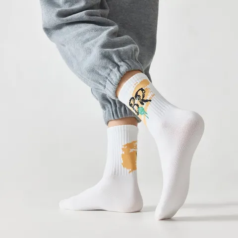 Men Athletic Basketball Crew Socks Cotton Blend Breathable Sweat-Absorbent Smiley Face Letter Print Korean Style Streetwear Sports Socks