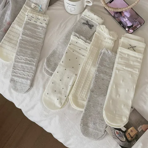 Women Sweet Australian Cotton Blend Mid-Calf Socks Korean Style Bow Floral Lace Trim Polka Dot Fashion Crew Socks