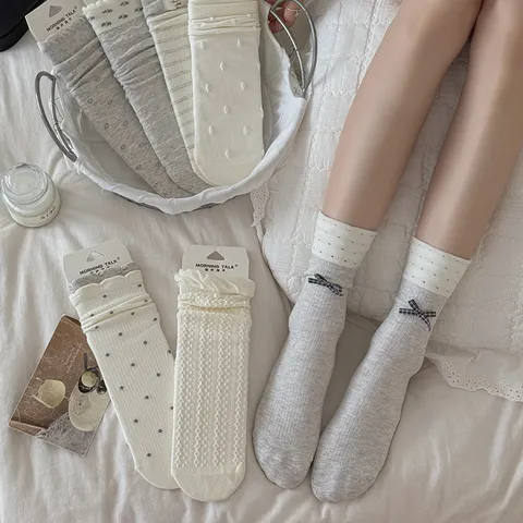 Women Sweet Australian Cotton Blend Mid-Calf Socks Korean Style Bow Floral Lace Trim Polka Dot Fashion Crew Socks