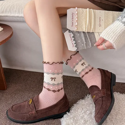 Women Sweet Bow Mid Calf Socks Korean Ruffle Edge Slouchy Socks Japanese 3D Relief Texture Knitted Thick Warm Fashion Socks