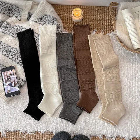 Vintage Knitted Leg Warmers Women Autumn Winter Warm Cotton Wool Blend Lace Trim Slouchy Stirrup Socks Korean Sweet Long Tube Boot Cuffs