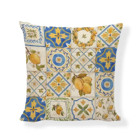 Zomer Citroen Geometrisch Linnen Kussensloop Mediterraan Decoratieve Vierkante Kussenhoes Voor Bank Woonkamer Terras Tuin Huisdecoratie