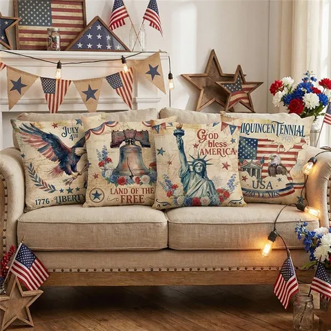 Taie d'Oreiller en Lin Drapeau Américain Motif Aigle Jour de l'Indépendance 4 Juillet Housse de Coussin Décorative pour Canapé Maison Chambre Salon