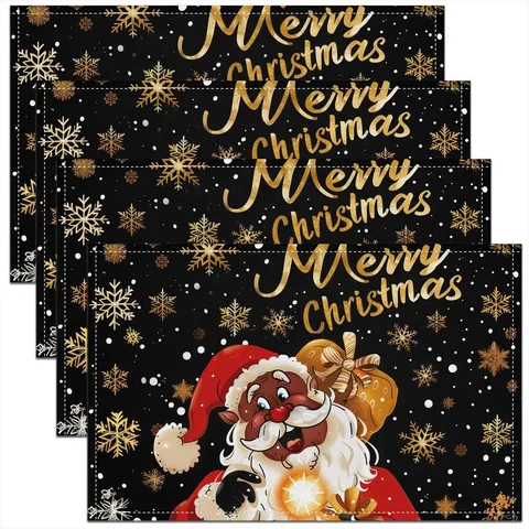 Christmas Linen Place Mats Merry Christmas Festive Santa Claus Snowflake Pattern Table Decoration For Kitchen Dining Party