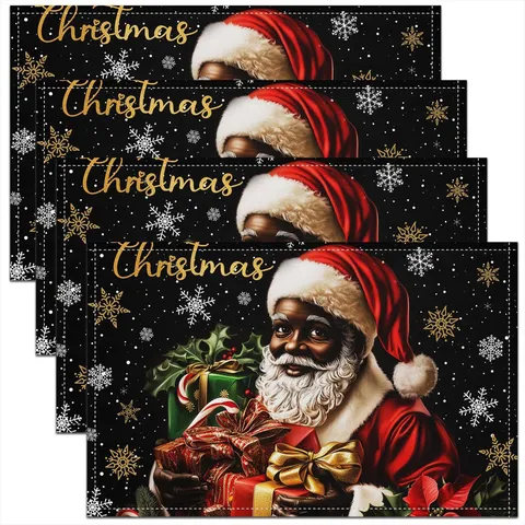 Christmas Linen Place Mats Merry Christmas Festive Santa Claus Snowflake Pattern Table Decoration For Kitchen Dining Party