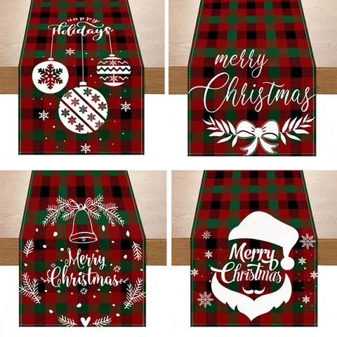 Merry Christmas Buffalo Plaid Linen Table Runner Santa Claus Pattern Table Cloth For Dining Room Festive Party Holiday Home Decor