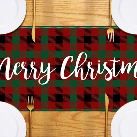 Merry Christmas Buffalo Plaid Linen Table Runner Santa Claus Pattern Table Cloth For Dining Room Festive Party Holiday Home Decor