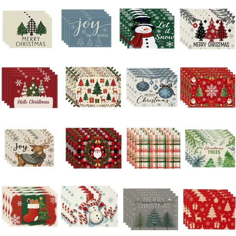 Linen Christmas Place Mats Snowman Santa Reindeer Pattern Heat Resistant Non-Slip Table Mats For Holiday Dining Kitchen Decor