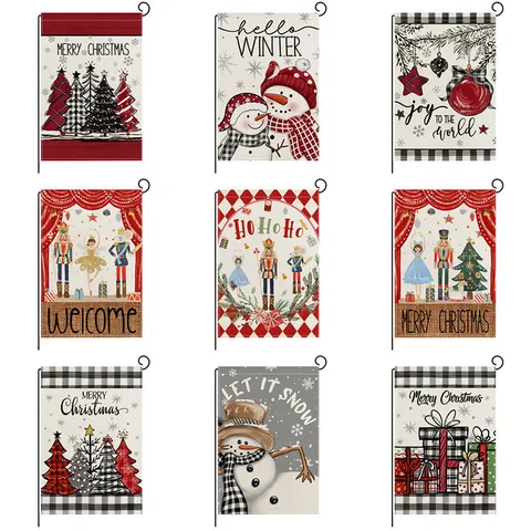 Christmas Garden Flag Linen Double Sided Yard Nutcracker Snowman Flag Winter Holiday Outdoor Party Decorative Hanging Flag