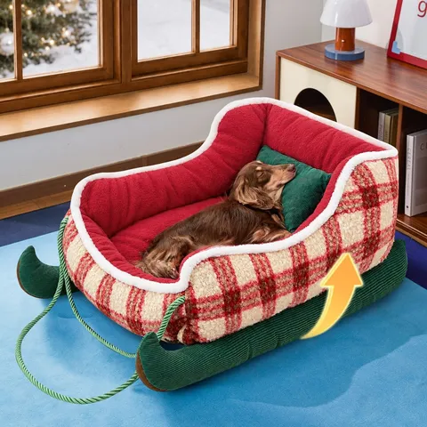Christmas Sledge Shape Pet Bed For Small Medium Dogs Cats Winter Warm Plush Dog House With Soft Cushion Plaid Pattern Pet Sleeping Nest