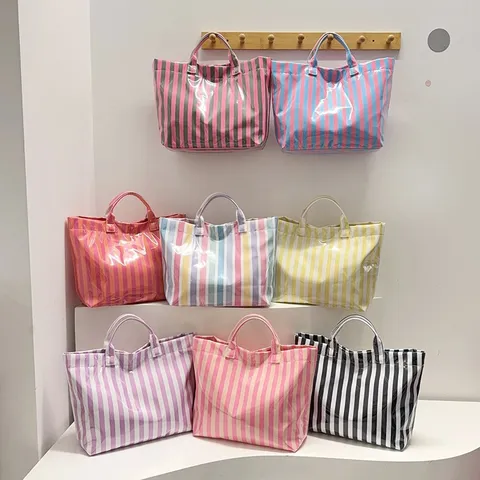 Transparent PVC Tote Bag Large Capacity Commuter Handbag Colorful Rainbow Striped Casual Shoulder Bag For Women