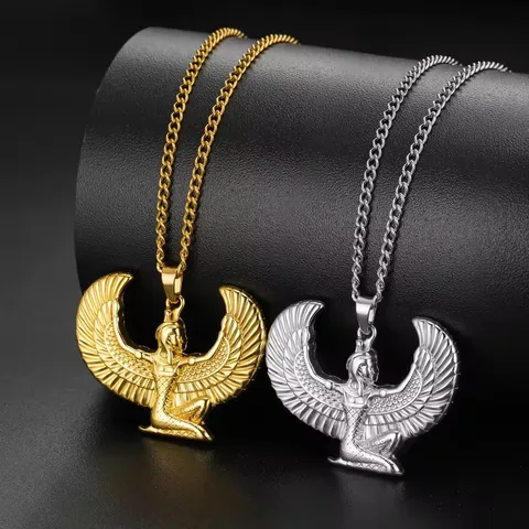 304 Roestvrij Staal Egyptische Vleugels Godin Hanger Ketting Hip Hop Punk Wolfskop Engel Kruis Lange Ketting Ketting Voor Mannen Vrouwen Sieraden