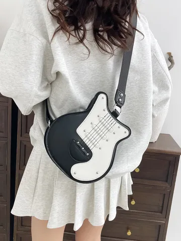 Creative Guitar Shape Women Crossbody Bag PU Leather Rivet Shoulder Bag Fashion Novelty Messenger Bag