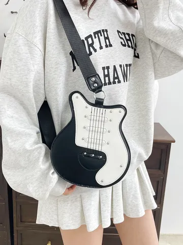 Creative Guitar Shape Women Crossbody Bag PU Leather Rivet Shoulder Bag Fashion Novelty Messenger Bag